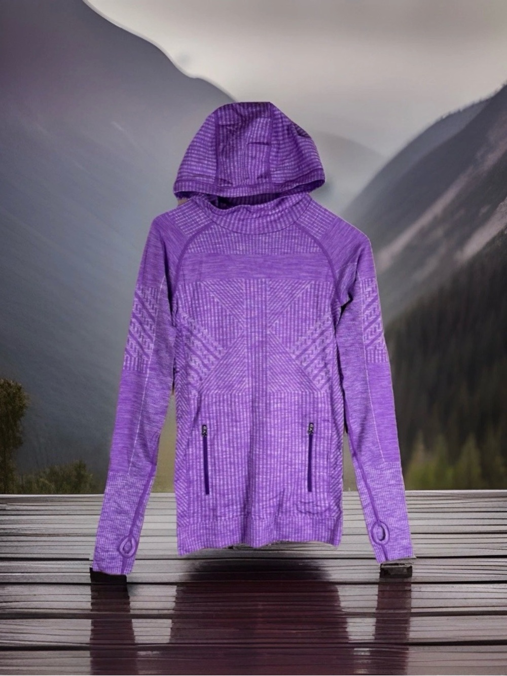 LULULEMON ATHLETICA Sz 4 Seamless Purple Hooded Thumbhole Cowl Neck Long Sleeve